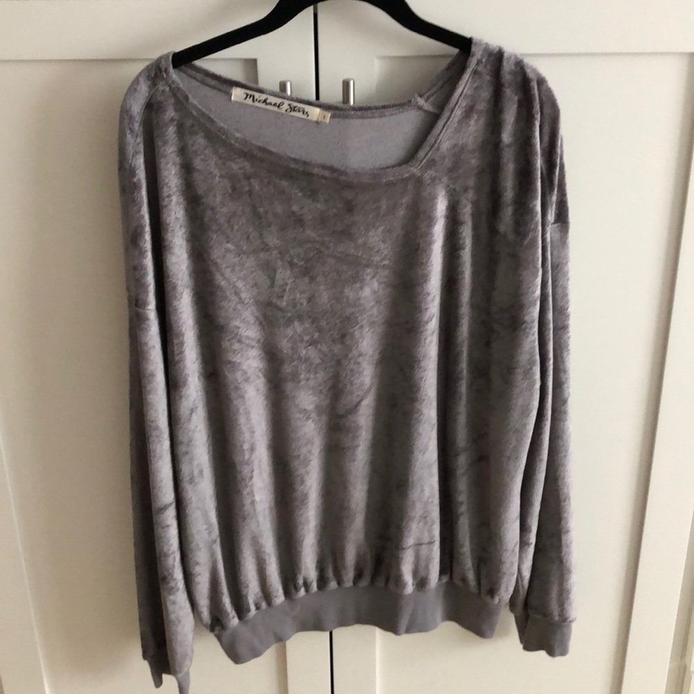Gray velour shirt with offset neckline